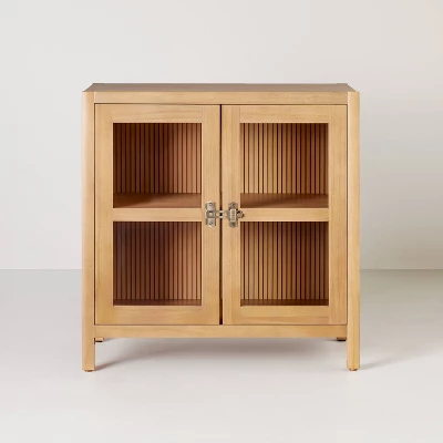 Grooved Wood With Glass 2-Door Cabinet - Natural - Hearth & Hand™ With Magnolia 4 Grooved Wood With Glass 2-Door Cabinet - Natural - Hearth & Hand™ With Magnolia - Image 2