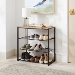 4 Tier Shoe Rack Black Metal With Natural Wood - Brightroom™