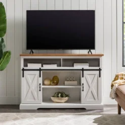 Transitional Sliding Barndoor Highboy TV Stand For TVs Up To 58" - Saracina Home -Living Room Furniture Store GUEST dd9ce182 82e2 4e7a a263 00af007d0202
